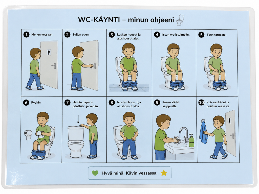 WC-käynti – laminoitu kuvallinen A4-ohje
