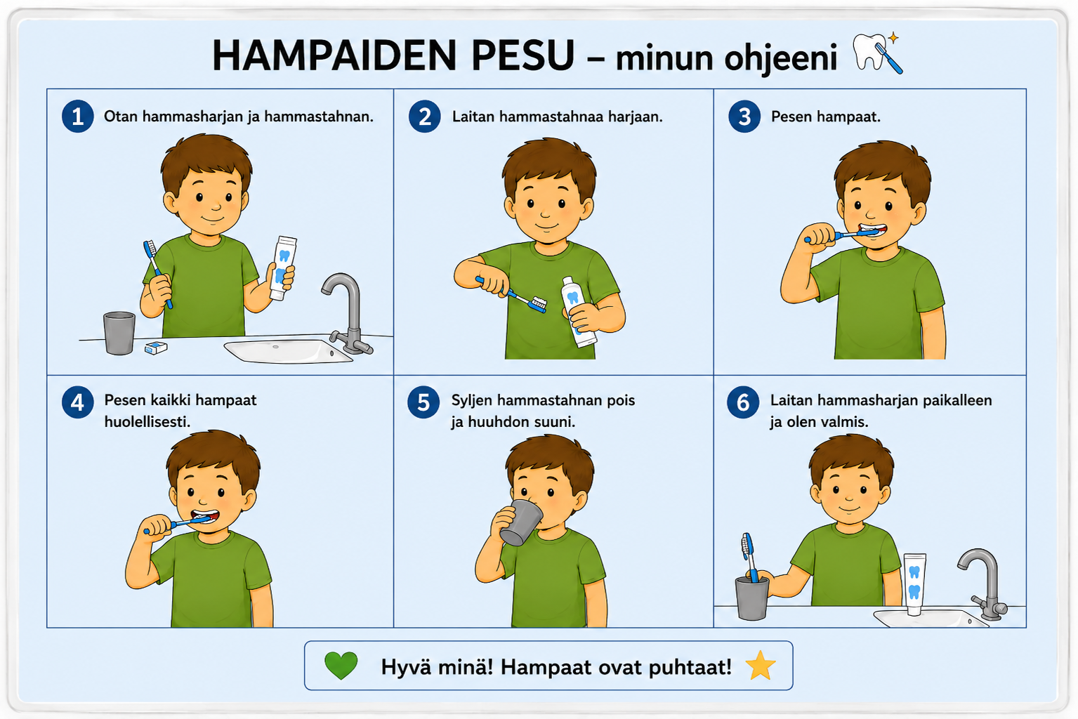 Hampaiden pesu – laminoitu kuvallinen A4-ohje