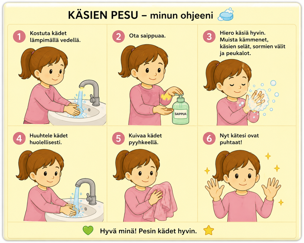 Käsien pesu – laminoitu kuvallinen A4-ohje