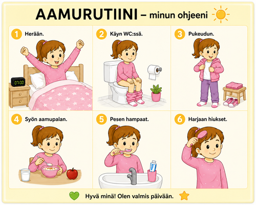 Aamurutiini – laminoitu kuvallinen A4-ohje