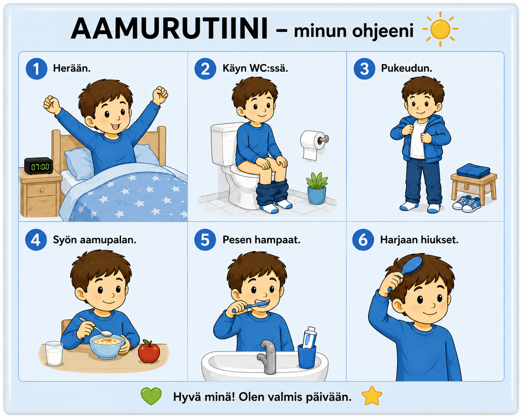 Aamurutiini – laminoitu kuvallinen A4-ohje