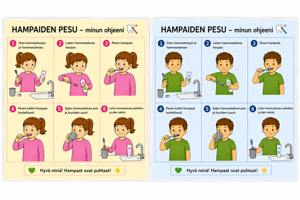 Hampaiden pesu – kuvallinen A4-ohje | Ladattava PDF