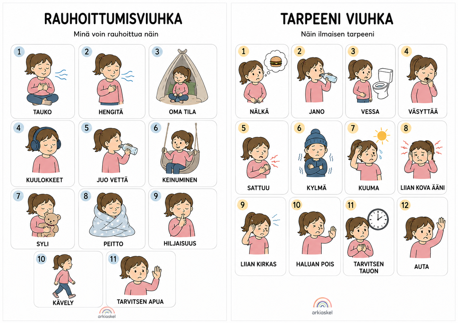 Rauhoittumisviuhka & Tarpeeni-viuhka – tyttöhahmoilla | Ladattava PDF