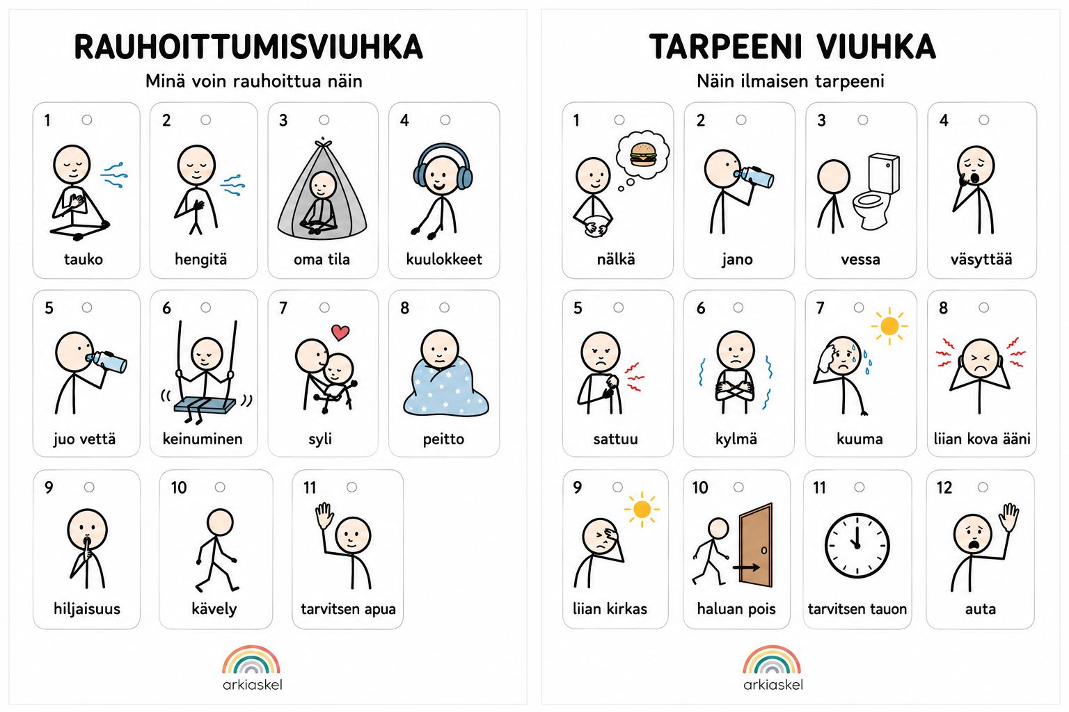 Rauhoittumisviuhka & Tarpeeni-viuhka – kuvallinen tuki arkeen | Ladattava PDF