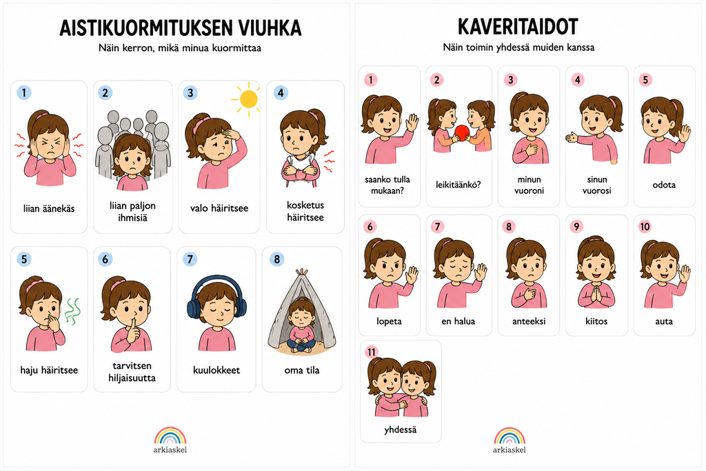 Aistikuormitus & kaveritaidot – kuvalliset viuhkat tyttöhahmoilla | Ladattava PDF