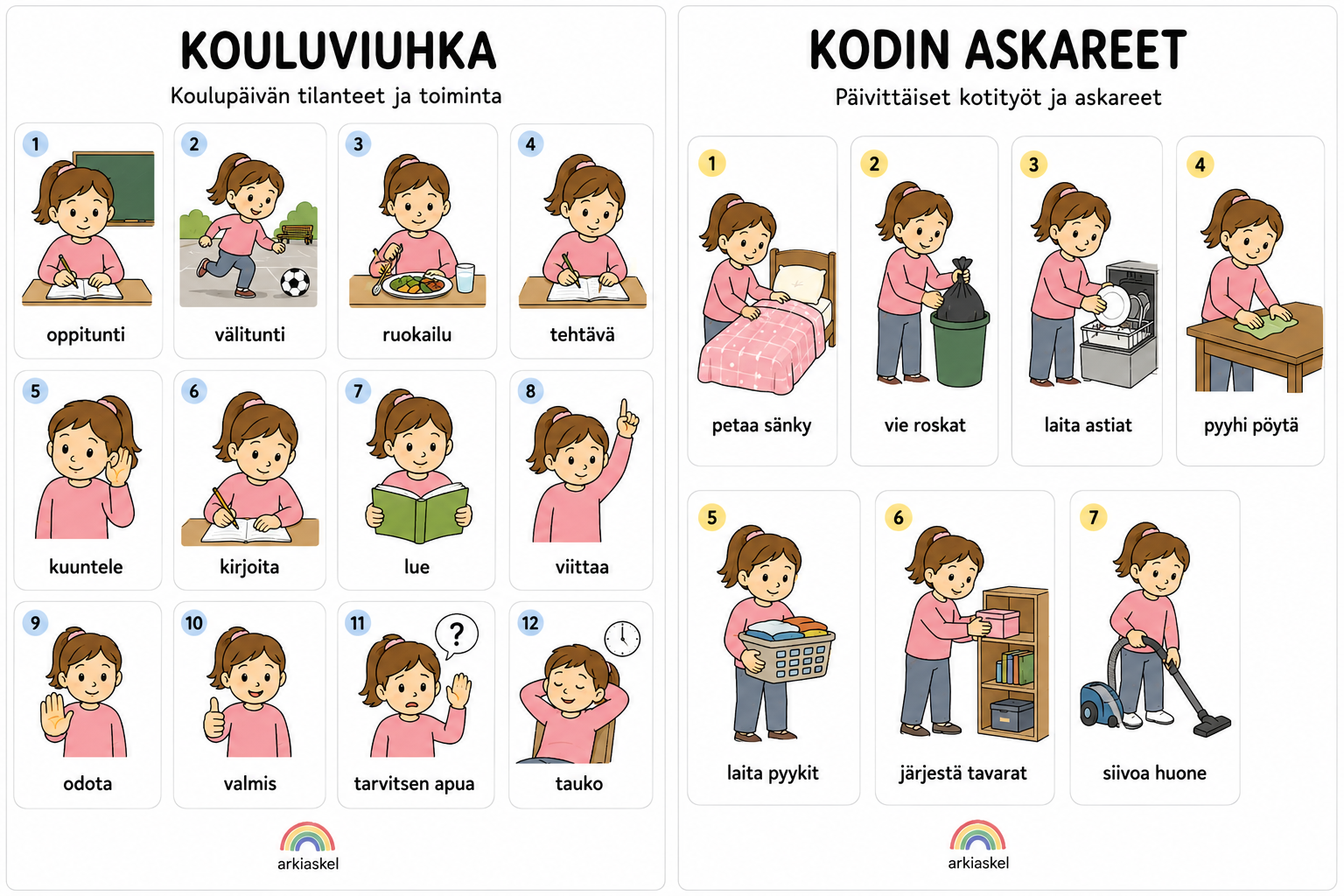 Kouluviuhka & Kodin askareet – kuvallinen tuki tyttöhahmoilla | Ladattava PDF