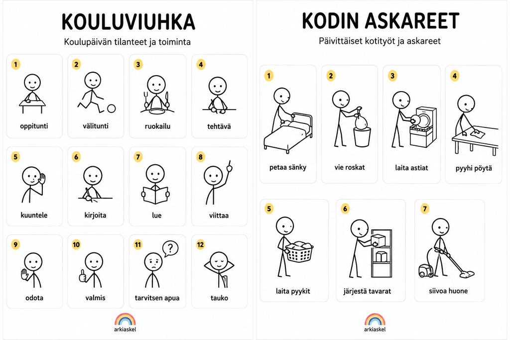 Kouluviuhka & Kodin askareet – selkeät kuvaviuhkat | Ladattava PDF