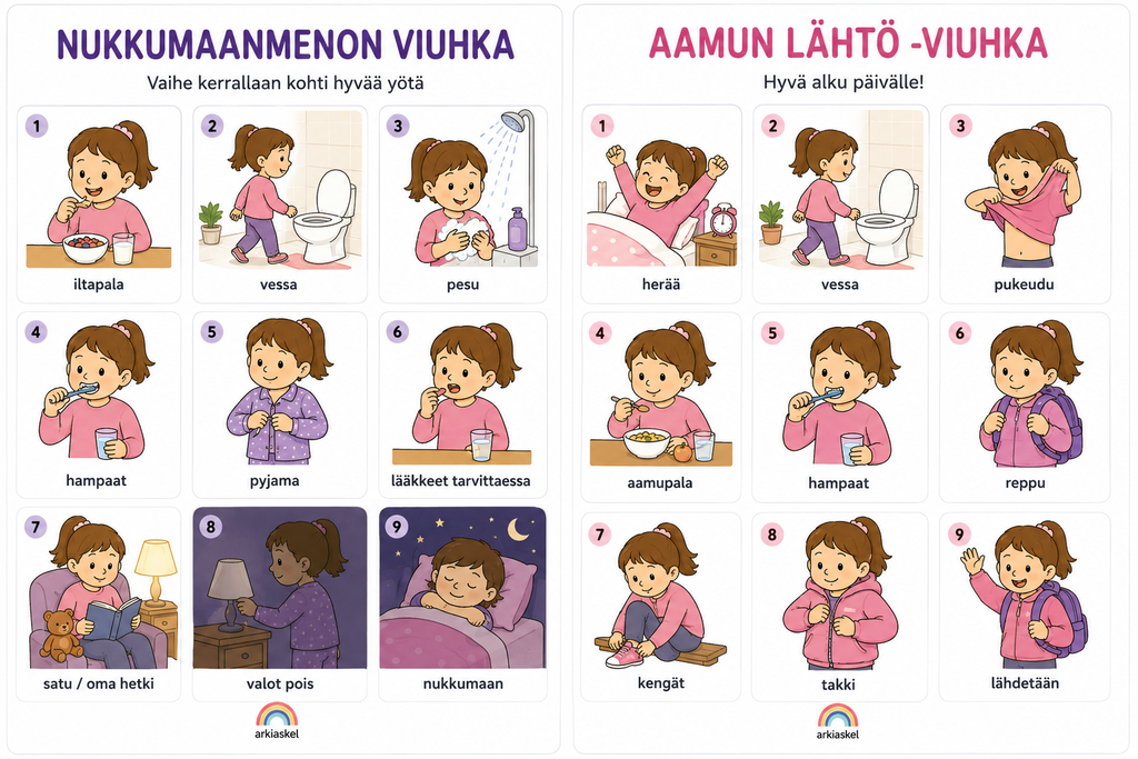 Nukkumaanmenon viuhka & Aamun lähtö -viuhka – tyttöhahmoilla | Ladattava PDF