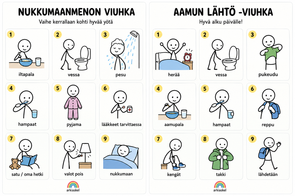 Nukkumaanmenon viuhka & Aamun lähtö -viuhka – selkeät kuvalliset rutiinit | Ladattava PDF
