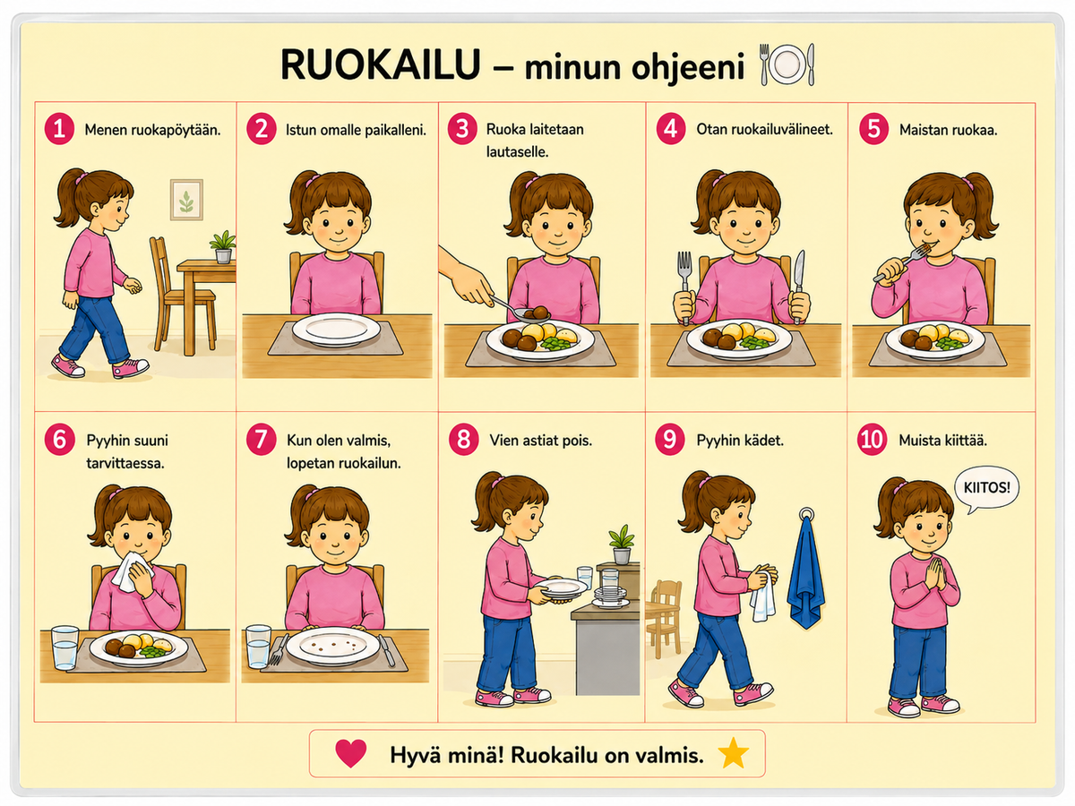 Ruokailu – laminoitu kuvallinen A4-ohje