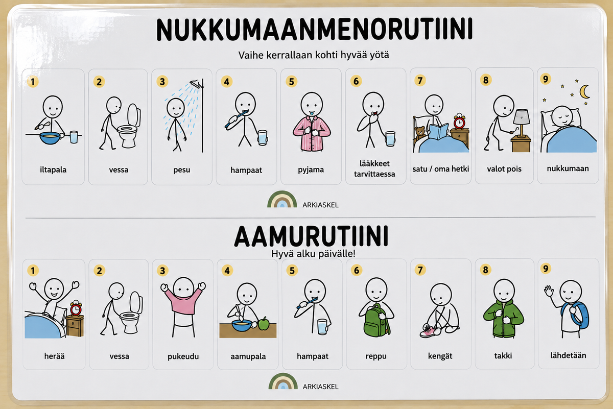 Nukkumaanmeno- ja aamurutiinitaulu – laminoitu A4