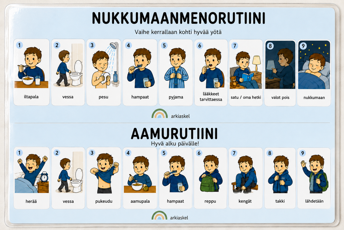 Nukkumaanmeno- ja aamurutiinitaulu – laminoitu A4