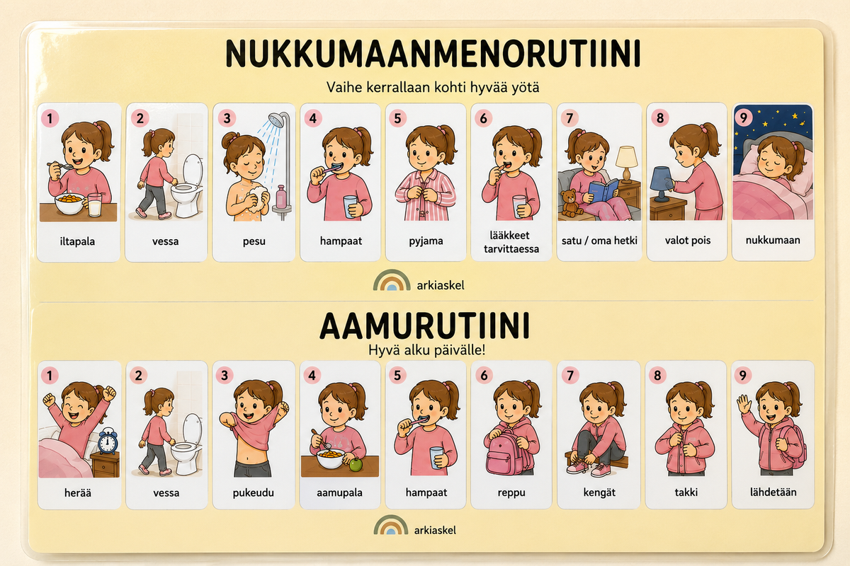 Nukkumaanmeno- ja aamurutiinitaulu – laminoitu A4
