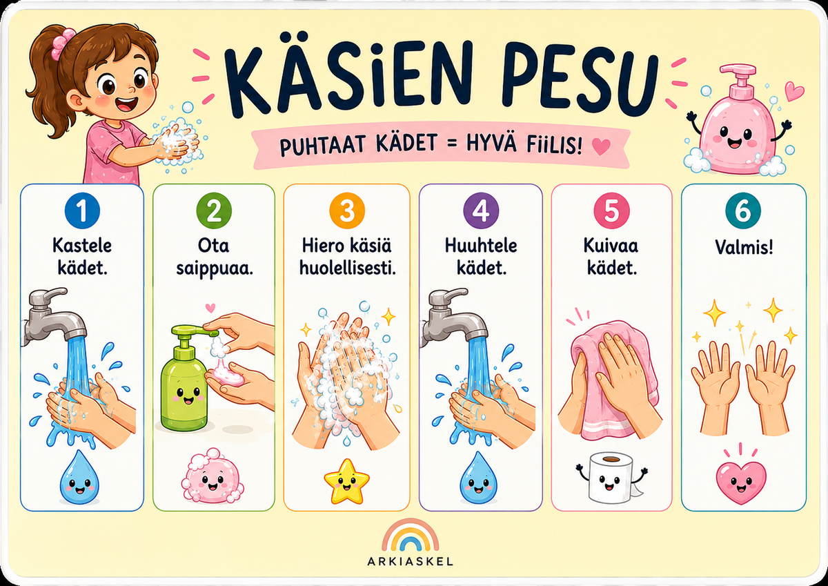 Käsien pesu – laminoitu kuvallinen A4-ohje kotiin