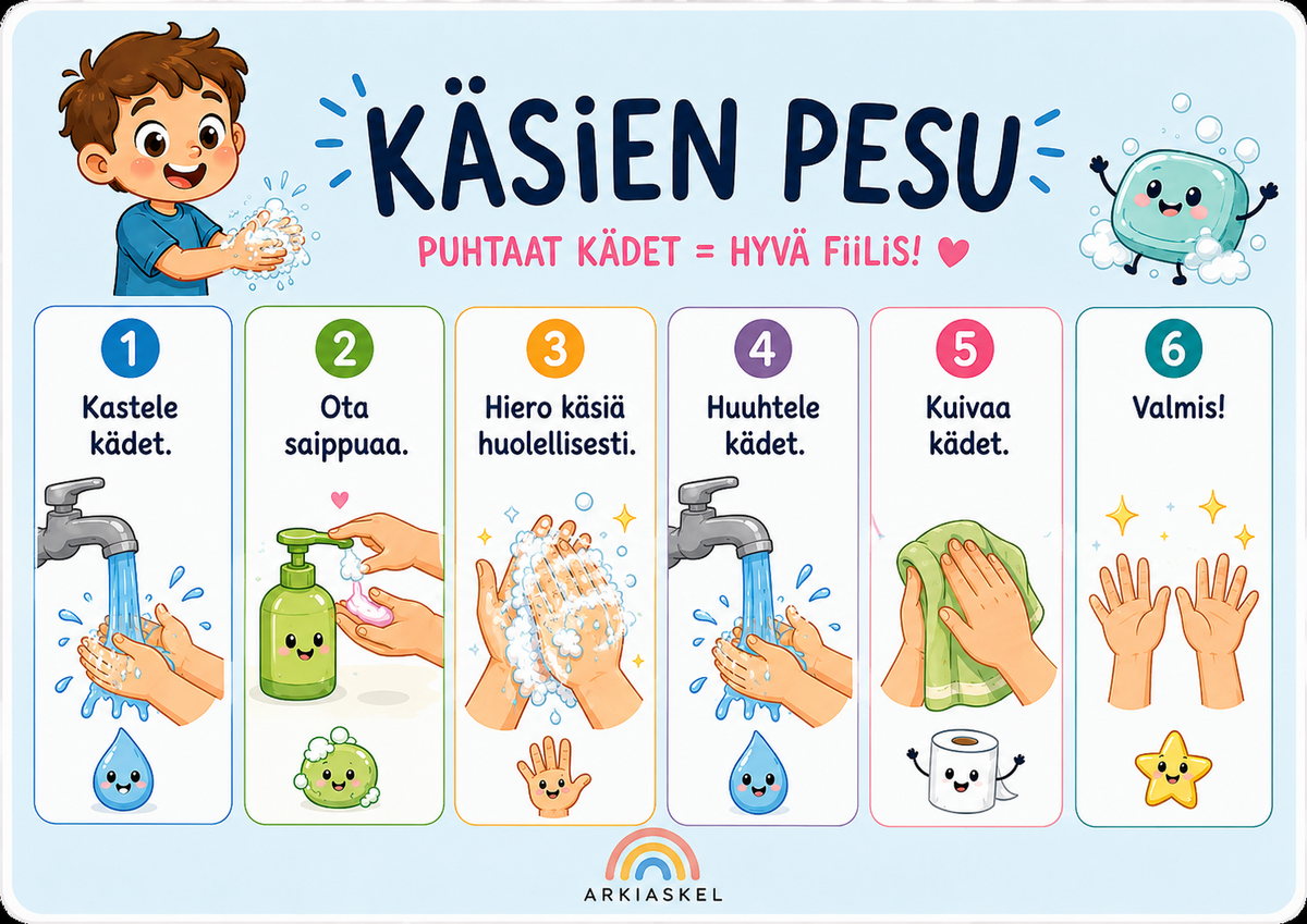Käsien pesu – laminoitu kuvallinen A4-ohje kotiin
