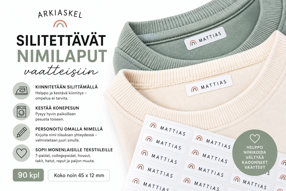 Silitettävät nimilaput vaaleille tekstiileille – 90 kpl