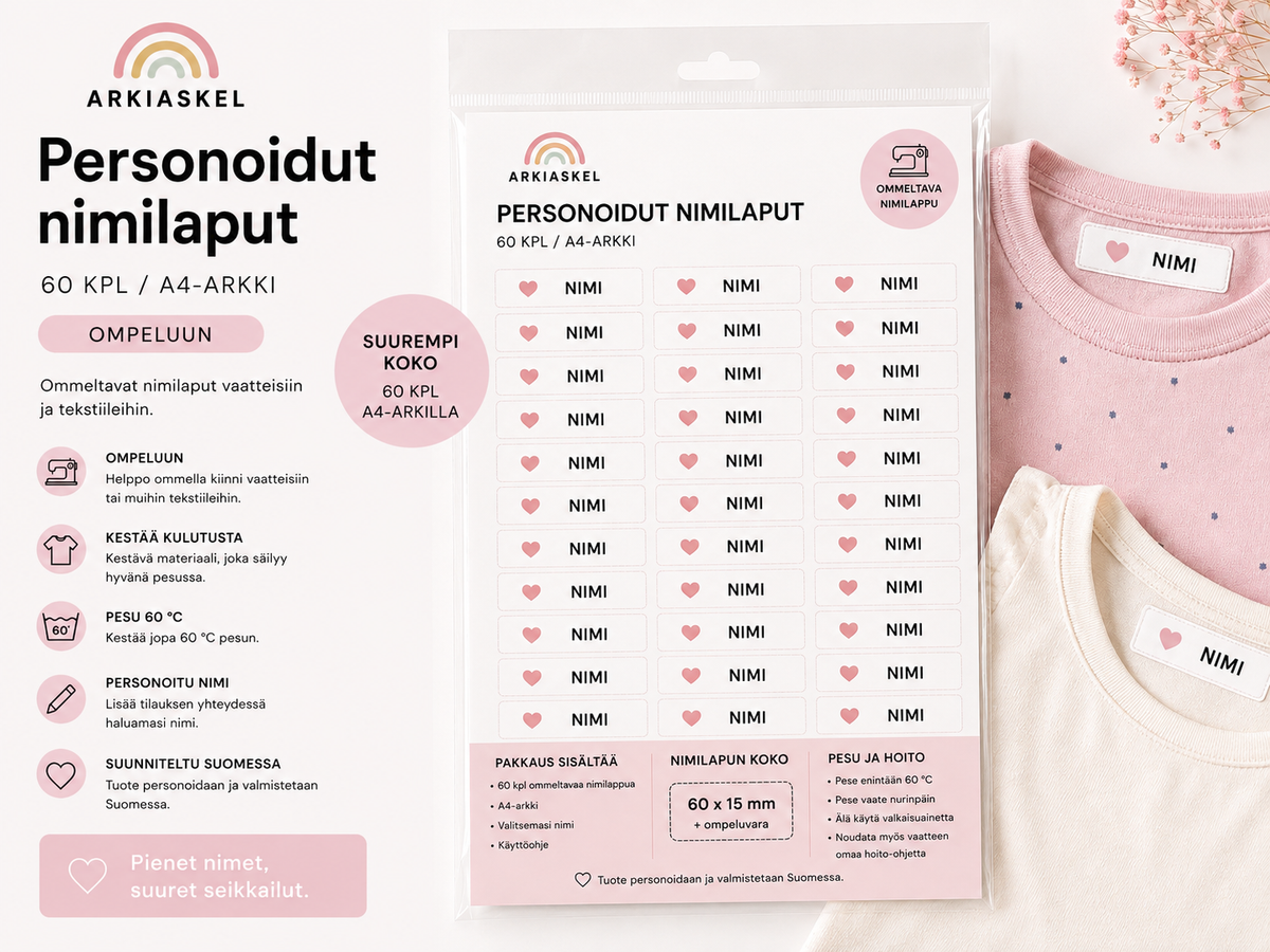 Ommeltavat nimilaput vaatteisiin ja tekstiileihin – 60 kpl
