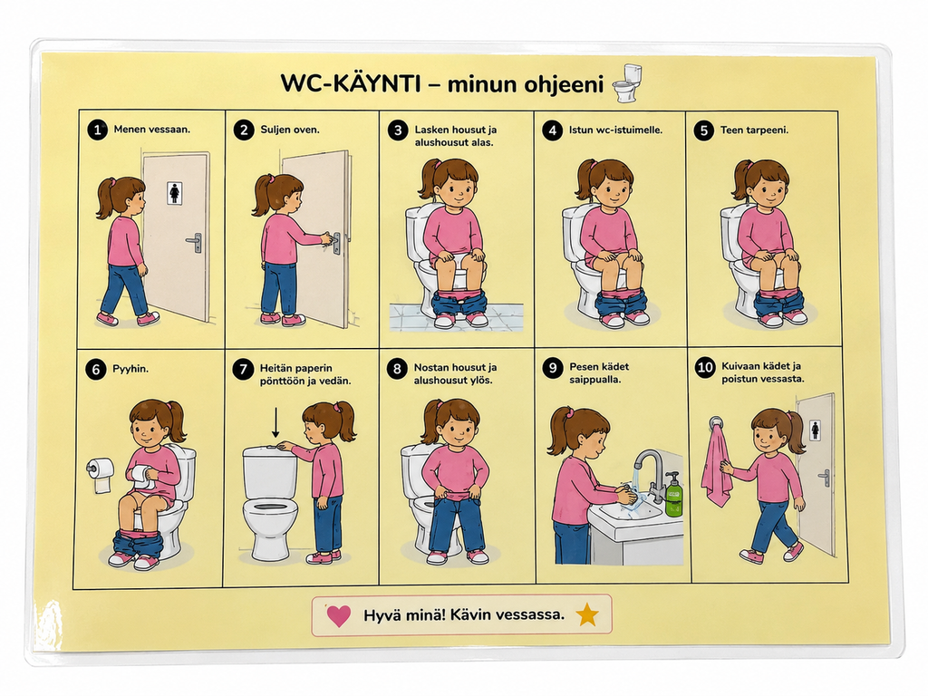 WC-käynti – laminoitu kuvallinen A4-ohje