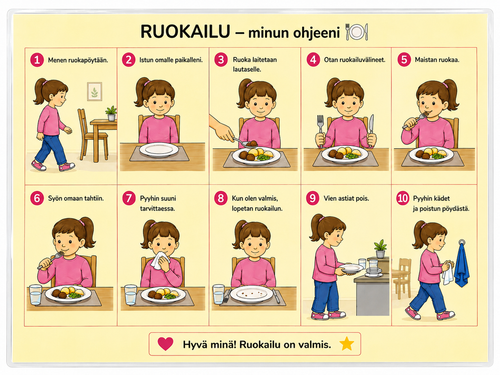 Ruokailu – laminoitu kuvallinen A4-ohje