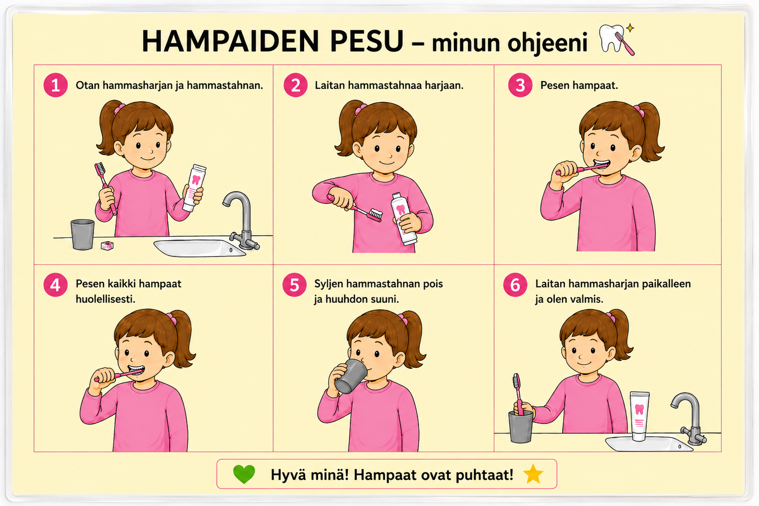 Hampaiden pesu – laminoitu kuvallinen A4-ohje