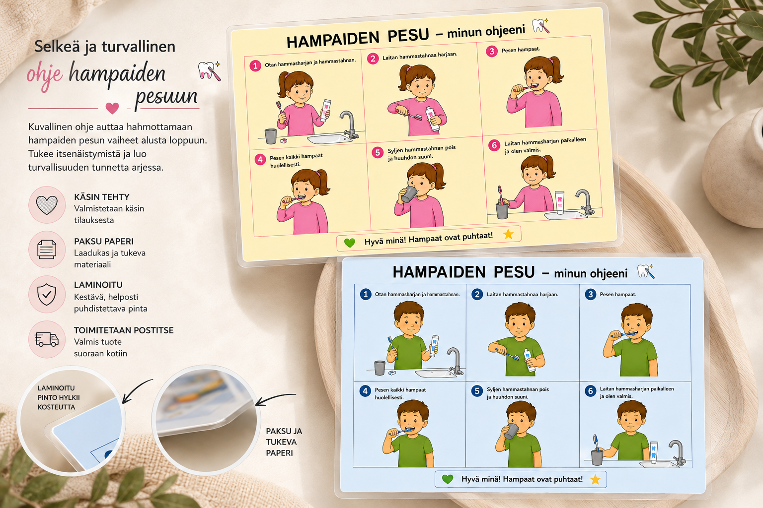 Hampaiden pesu – laminoitu kuvallinen A4-ohje
