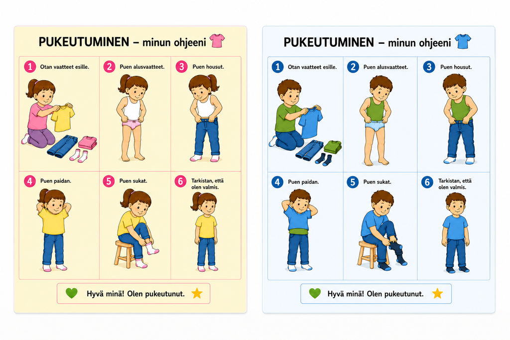 Pukeutuminen – laminoitu kuvallinen A4-ohje