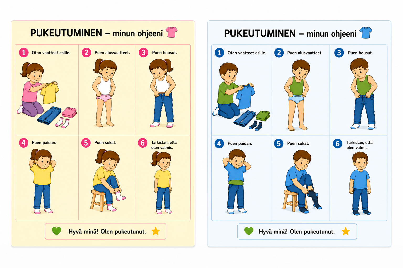 Pukeutuminen – laminoitu kuvallinen A4-ohje