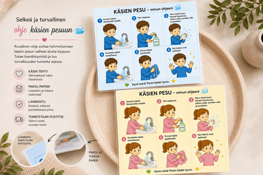 Käsien pesu – laminoitu kuvallinen A4-ohje