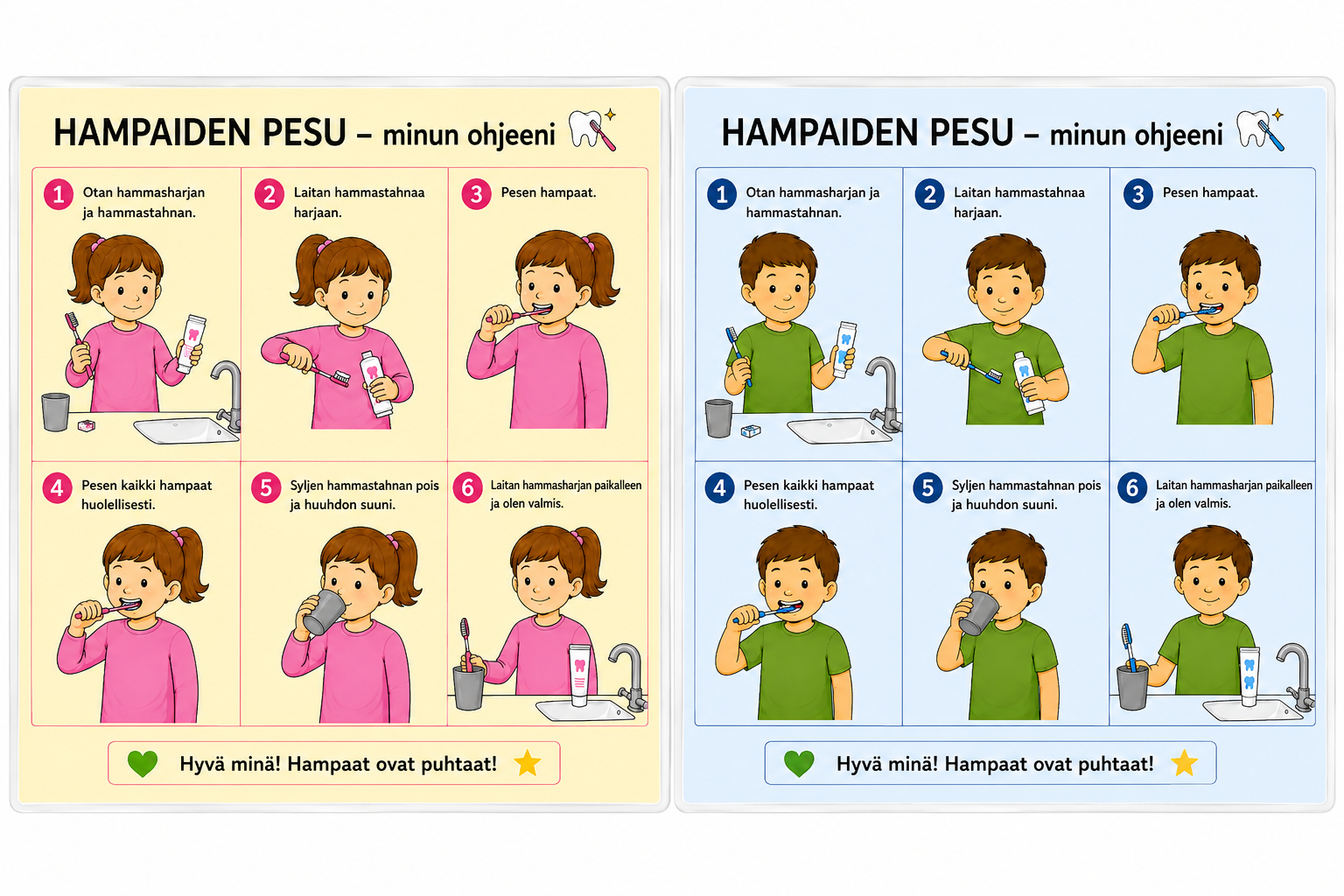 Hampaiden pesu – kuvallinen A4-ohje | Ladattava PDF