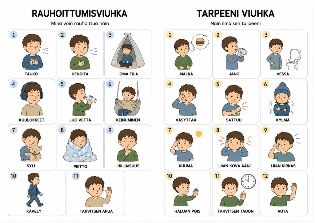 Rauhoittumisviuhka & Tarpeeni-viuhka – kuvallinen tukimateriaali poikahahmolla | Ladattava PDF