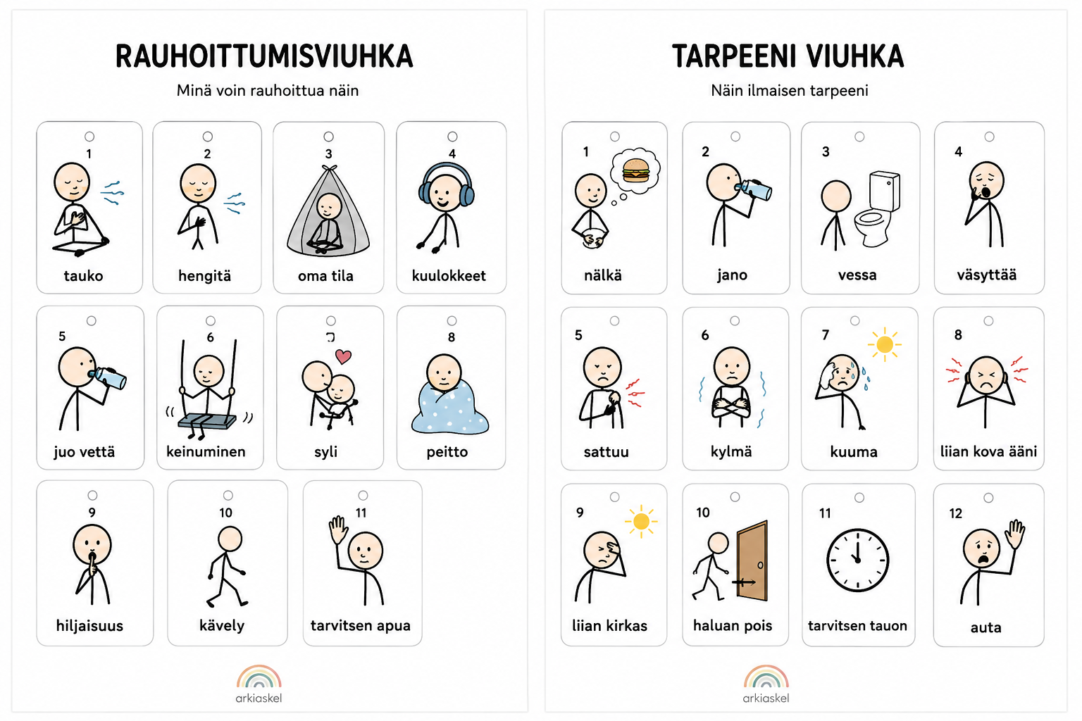 Rauhoittumisviuhka & Tarpeeni-viuhka – kuvallinen tuki arkeen | Ladattava PDF