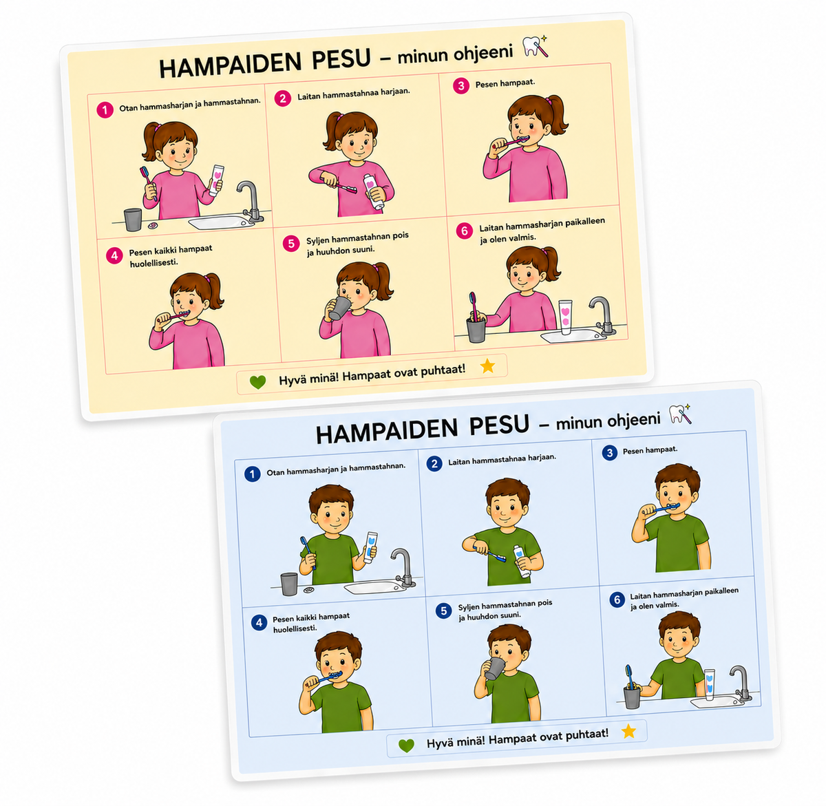 Hampaiden pesu – laminoitu kuvallinen A4-ohje