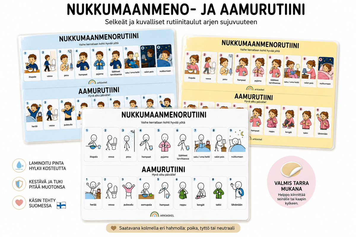 Nukkumaanmeno- ja aamurutiinitaulu – laminoitu A4