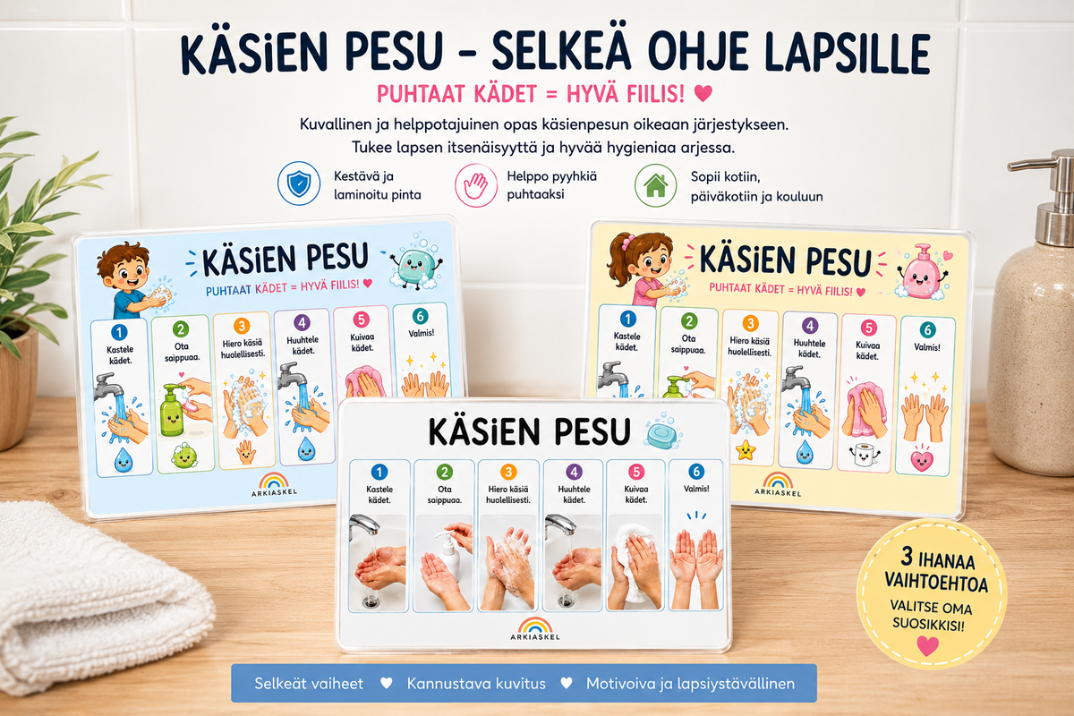 Käsien pesu – laminoitu kuvallinen A4-ohje kotiin