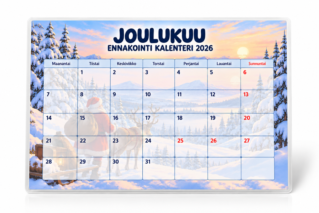 Joulukuun ennakointikalenteri 2026 ja laminoidut kuvakortit