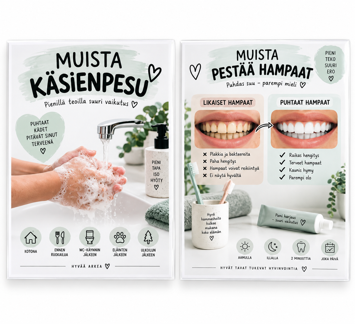 MUISTA! Hampaidenpesu ja käsienpesu, 2 laminoitua A4-muistutustaulua
