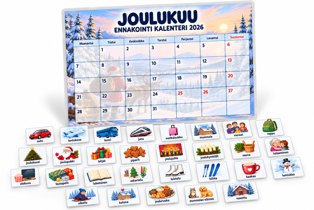 Joulukuun ennakointikalenteri 2026 ja laminoidut kuvakortit