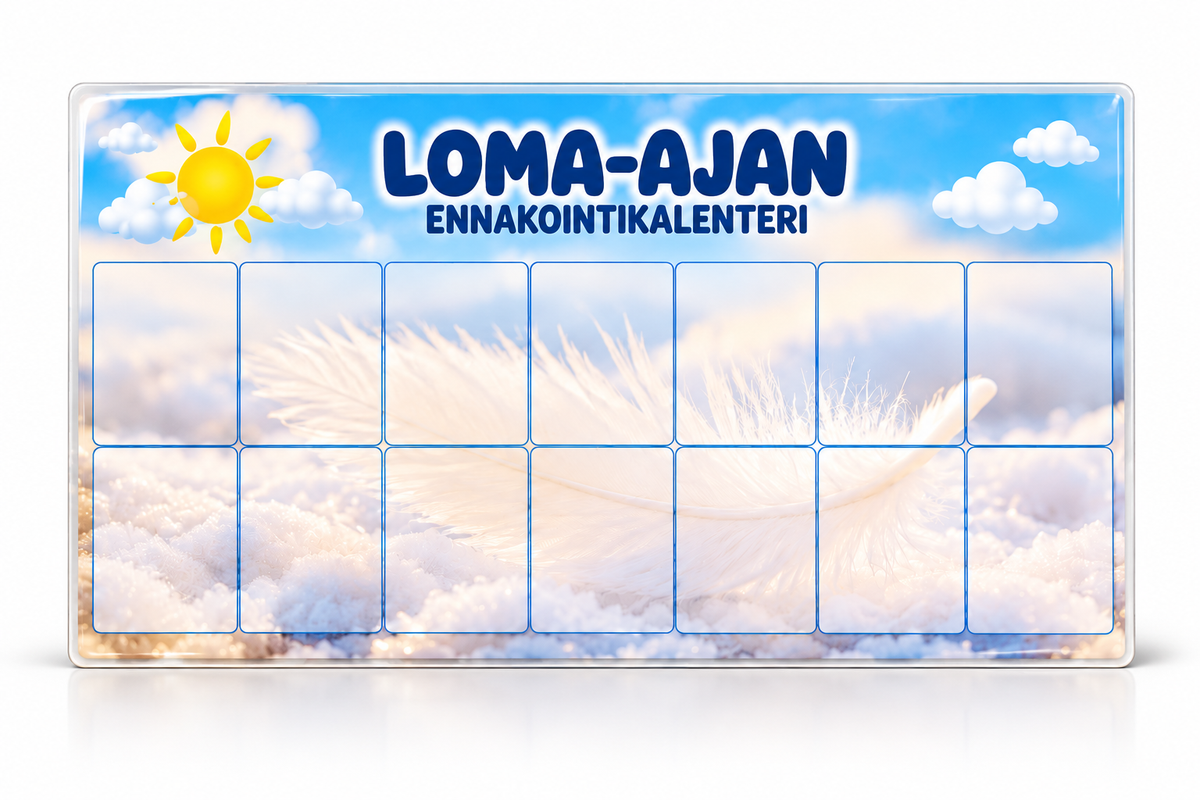 Loma-ajan ennakointikalenteri, 14 päivää ja 72 laminoitua kuvakorttia