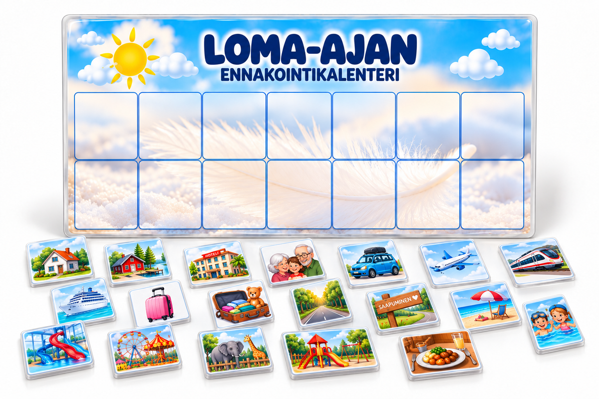 Loma-ajan ennakointikalenteri, 14 päivää ja 72 laminoitua kuvakorttia