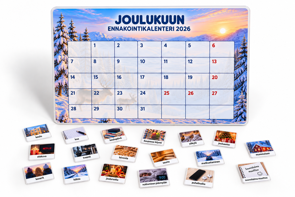 Joulukuun ennakointikalenteri 2026 ja 72 laminoitua kuvakorttia