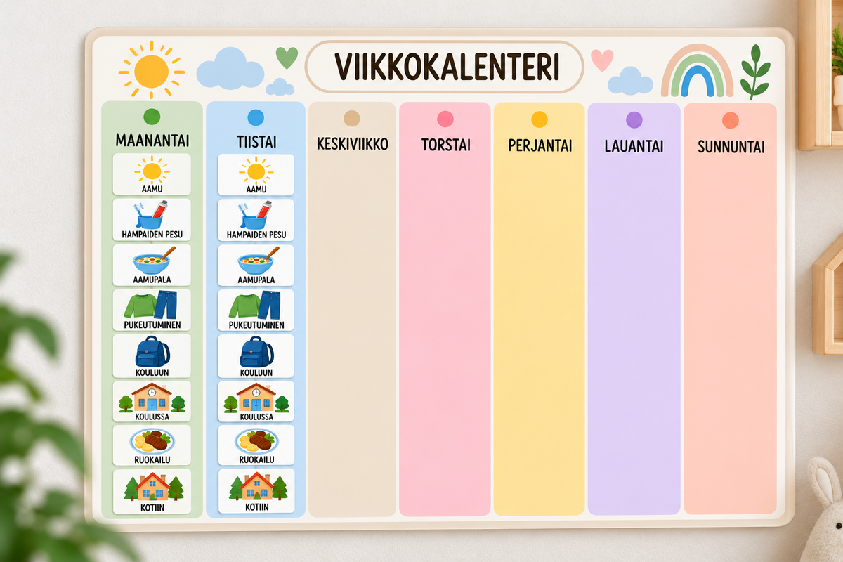 Laminoitu A4-viikkokalenteri ja 48 kuvakorttia