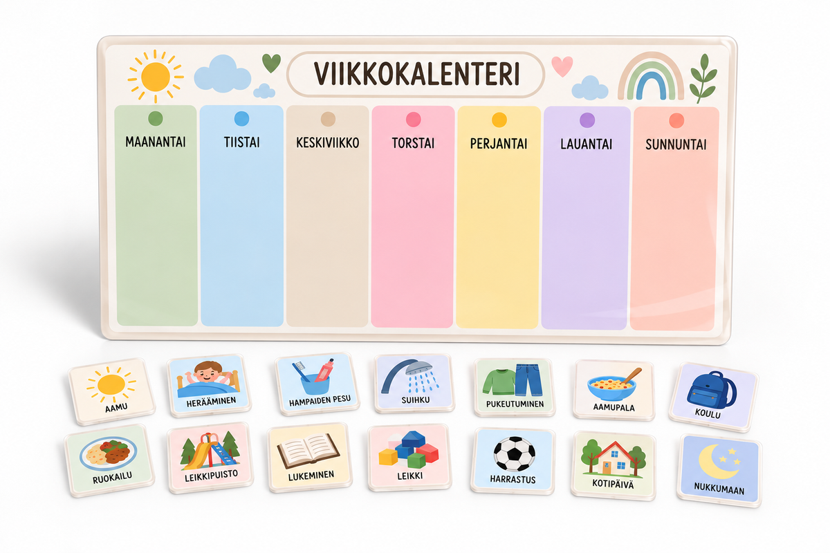 Laminoitu A4-viikkokalenteri ja 48 kuvakorttia