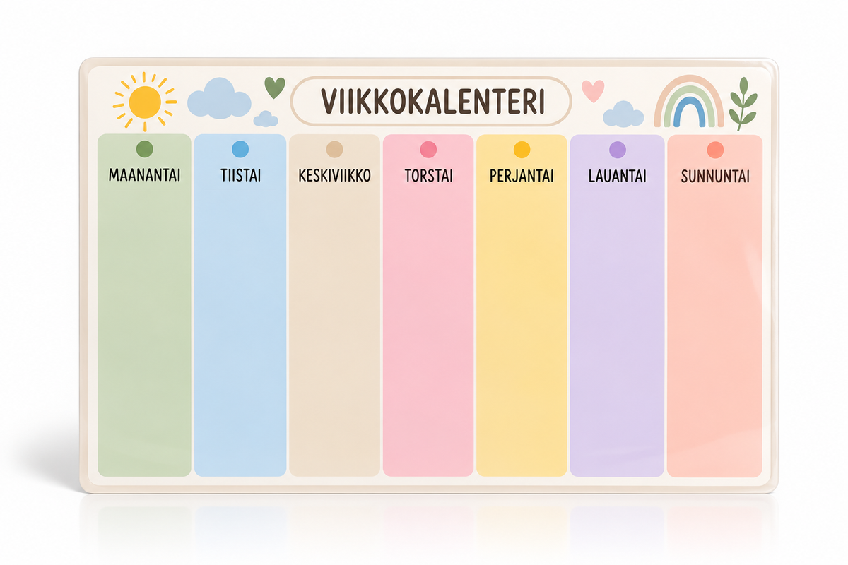 Laminoitu A4-viikkokalenteri ja 48 kuvakorttia