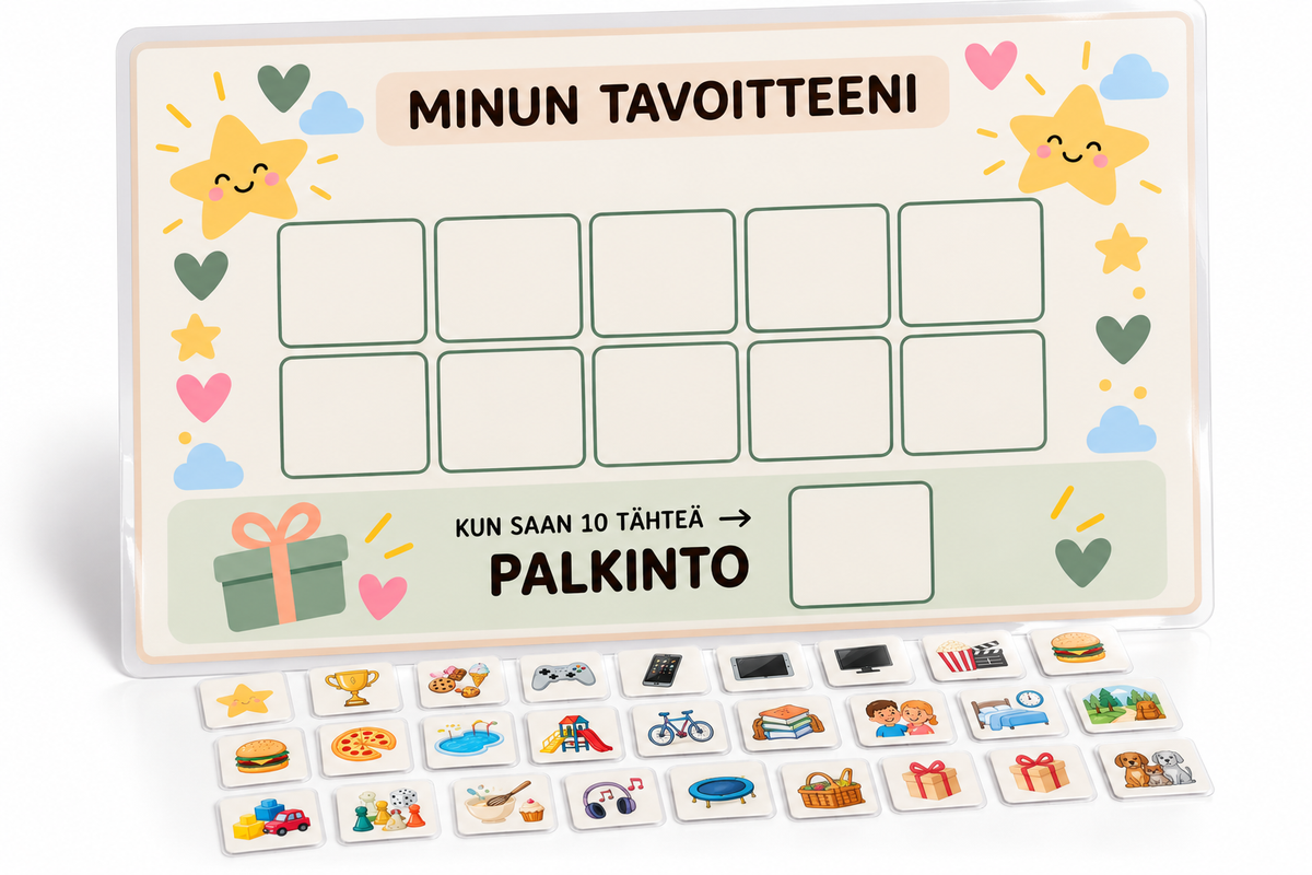 Minun tavoitteeni: laminoitu A4-palkintotaulu ja tähti- sekä palkintokortit