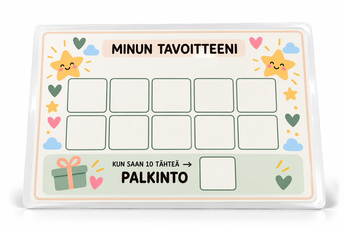 Minun tavoitteeni: laminoitu A4-palkintotaulu ja tähti- sekä palkintokortit