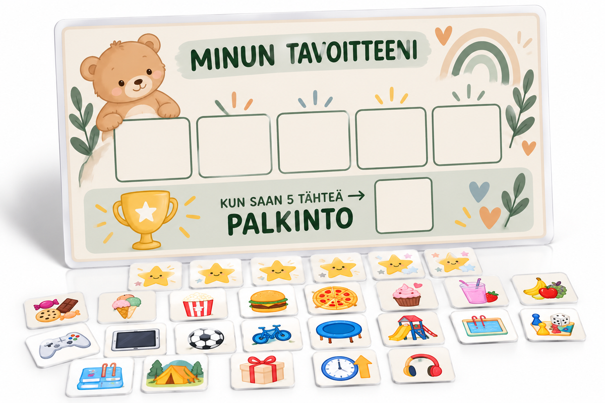 Minun tavoitteeni: 5 tähden laminoitu A4-palkintotaulu ja kuvakortit