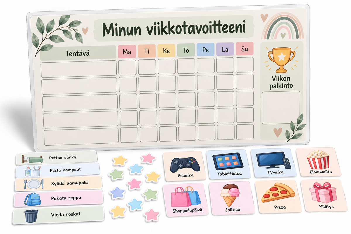 Minun viikkotavoitteeni: laminoitu A4-tehtävä- ja palkintotaulu sekä kuvakortit