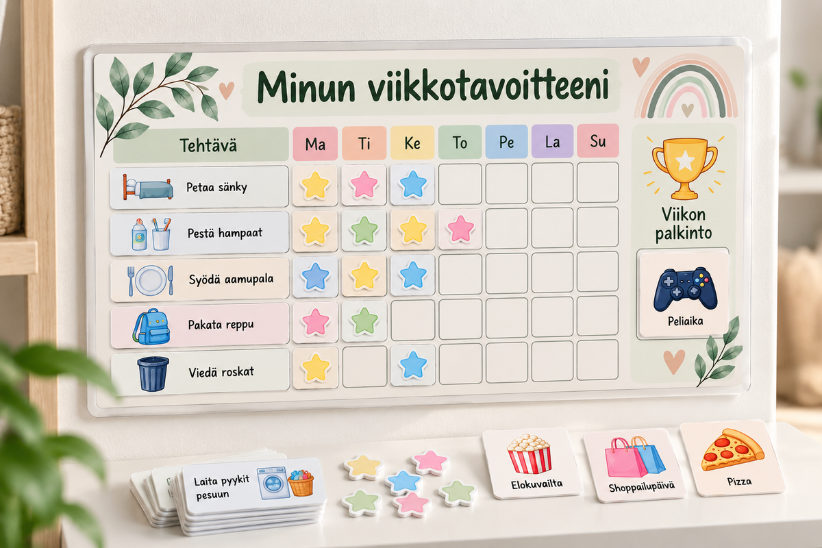 Minun viikkotavoitteeni: laminoitu A4-tehtävä- ja palkintotaulu sekä kuvakortit