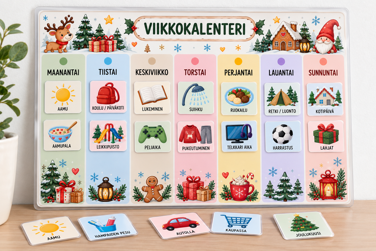 Jouluinen laminoitu A4-viikkokalenteri ja 48 kuvakorttia