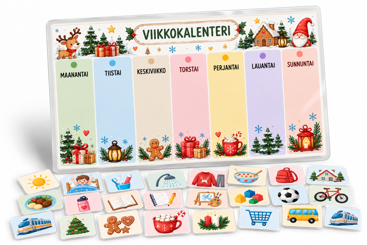 Jouluinen laminoitu A4-viikkokalenteri ja 48 kuvakorttia